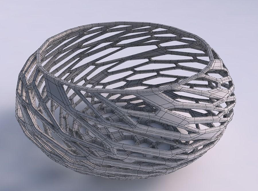 Bowl spheric squeezed wide with twisted organic lattice 3D print model_5