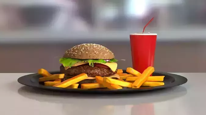 Burger hamburger on plate with fries and drink