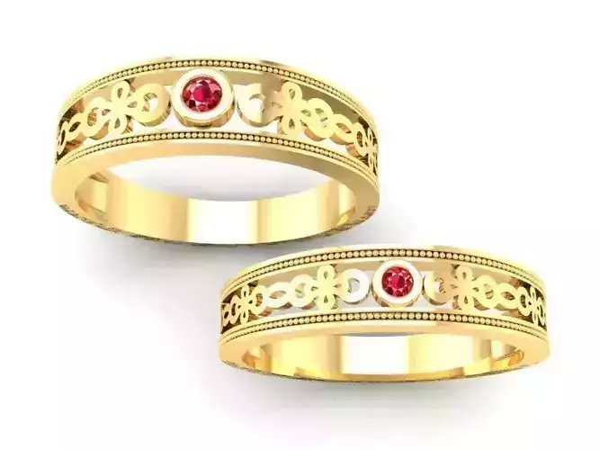 Vintage Pattern Couple Rings with Gemstones 3D Model 351