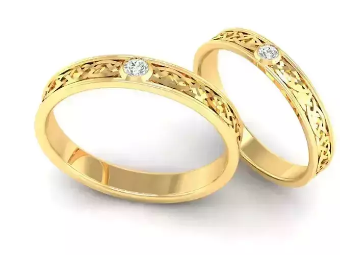 3D Model Wedding Couple Bands with Round Gemstones 360