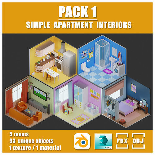 Simple apartment interiors pack 1 Low-poly 3D model