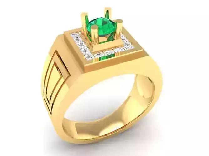 Gold Men Square Emerald Diamond Ring with Halo Setting 384