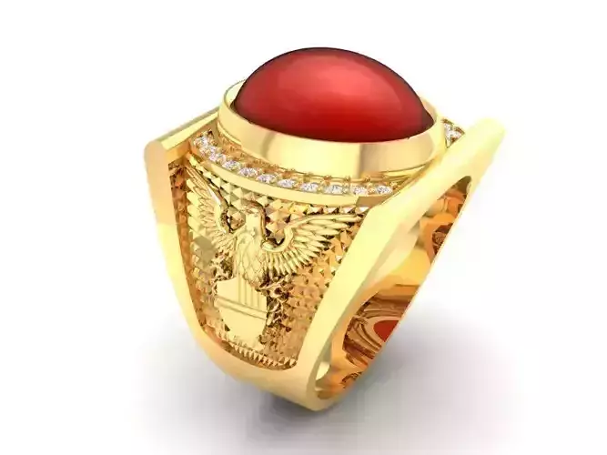 Gold Men Signet Ring with Red Cabochon Gemstone 399