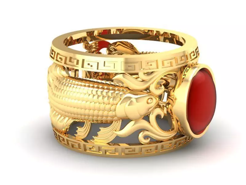 Fengshui Lucky Koi Fish Red Gem Ring for Men  435 3D print model_0