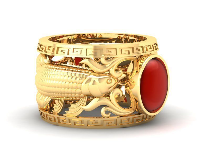 Fengshui Lucky Koi Fish Red Gem Ring for Men  435 3D print model_7