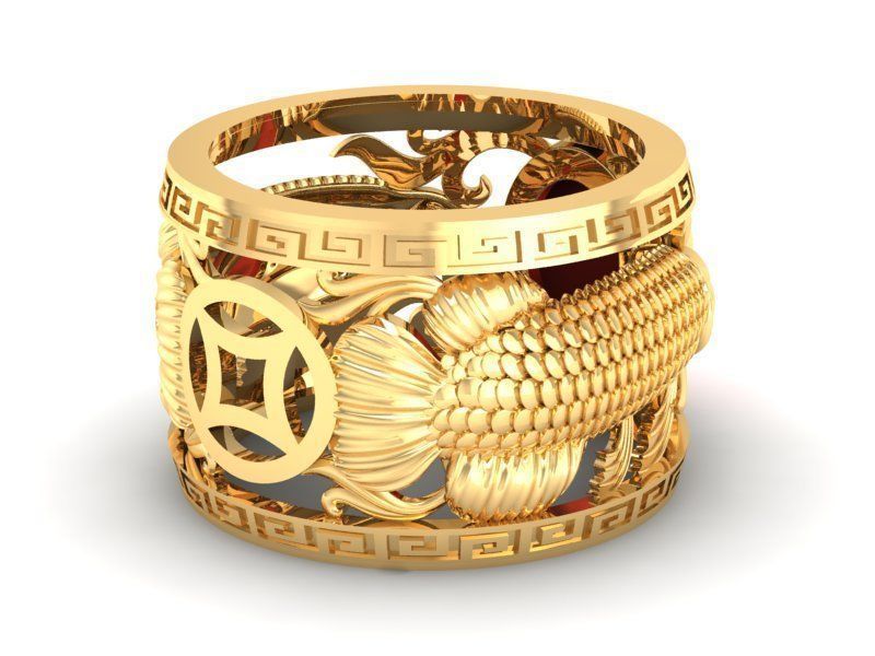 Fengshui Lucky Koi Fish Red Gem Ring for Men  435 3D print model_1