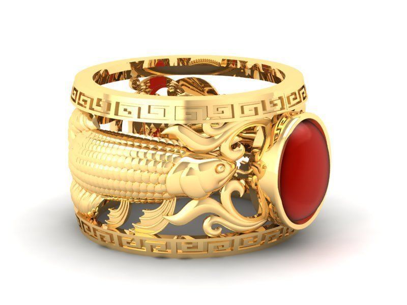 Fengshui Lucky Koi Fish Red Gem Ring for Men  435 3D print model_8