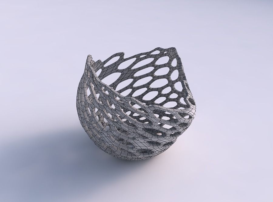 Bowl compressed and twisted with cracked organic lattice 3D print model_5