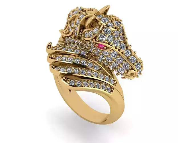 rings gold horse head ring with diamonds 3D print model