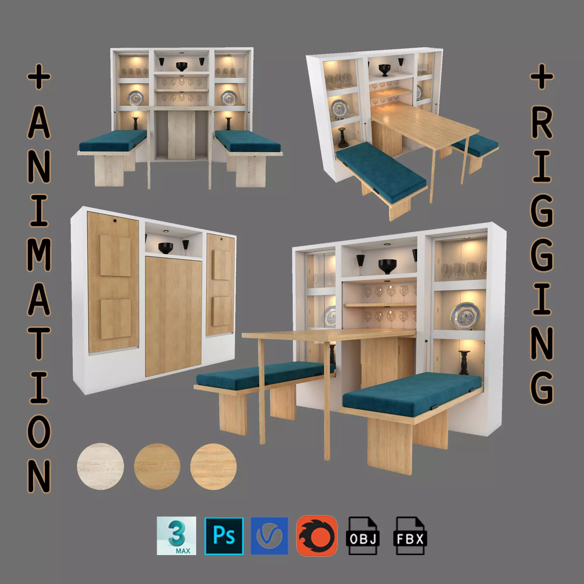 Hinged Furniture Shelf Transformation with Rigging 3D model_0