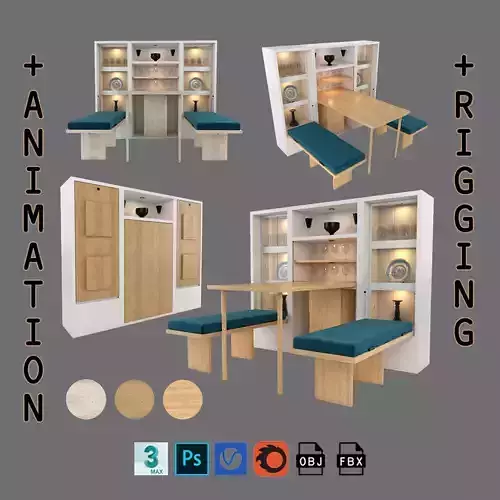  Hinged Furniture Shelf Transformation with Rigging 3D model