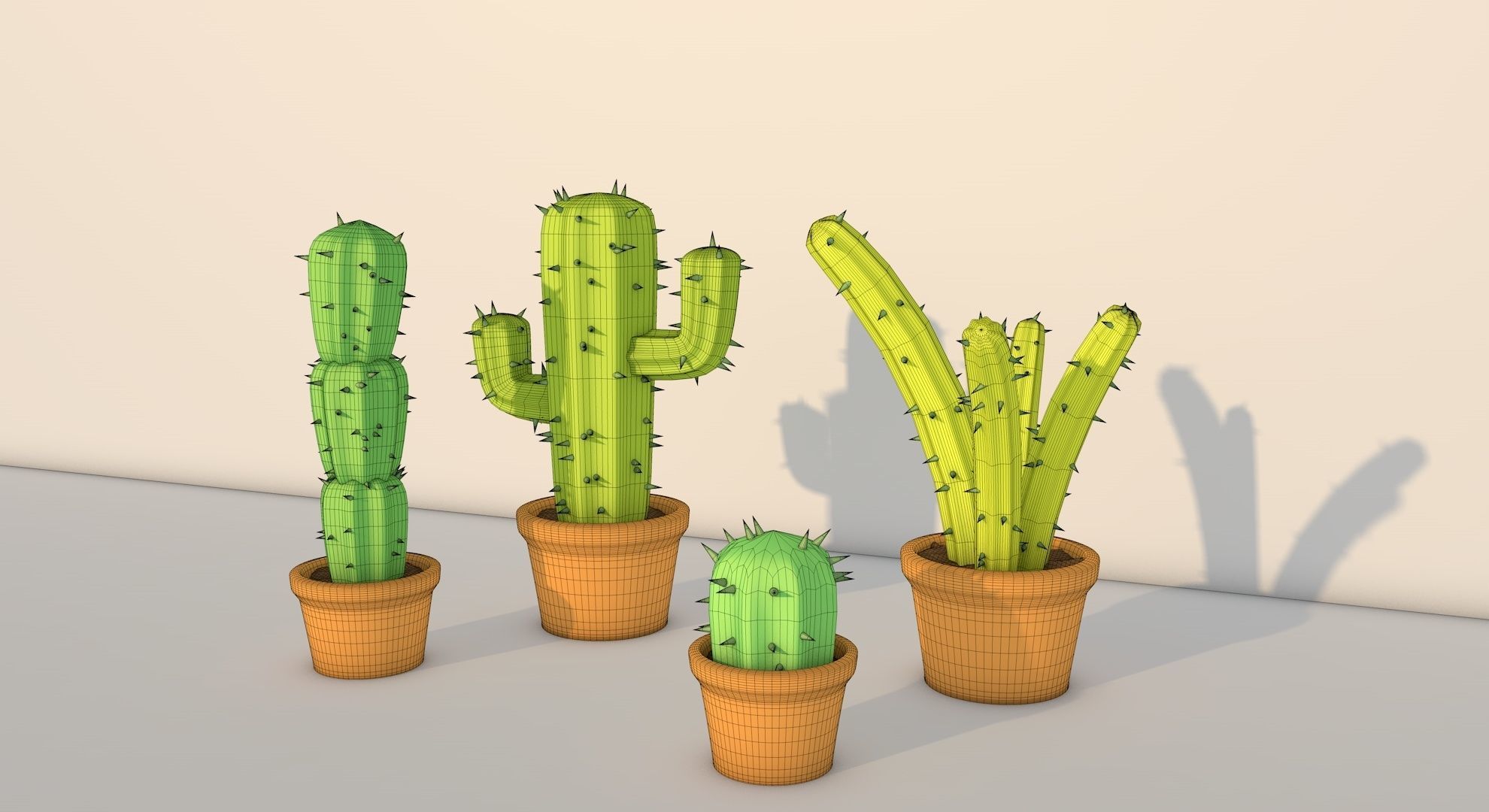 cactus three plants in pots Free low-poly 3D model_1