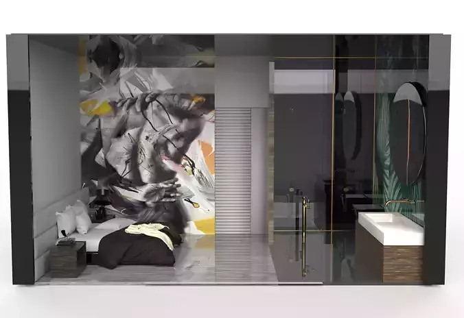 bungalow room with bed and bathroom