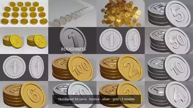 Numbered 3d coins - bronze - silver - gold 3D Model Collection