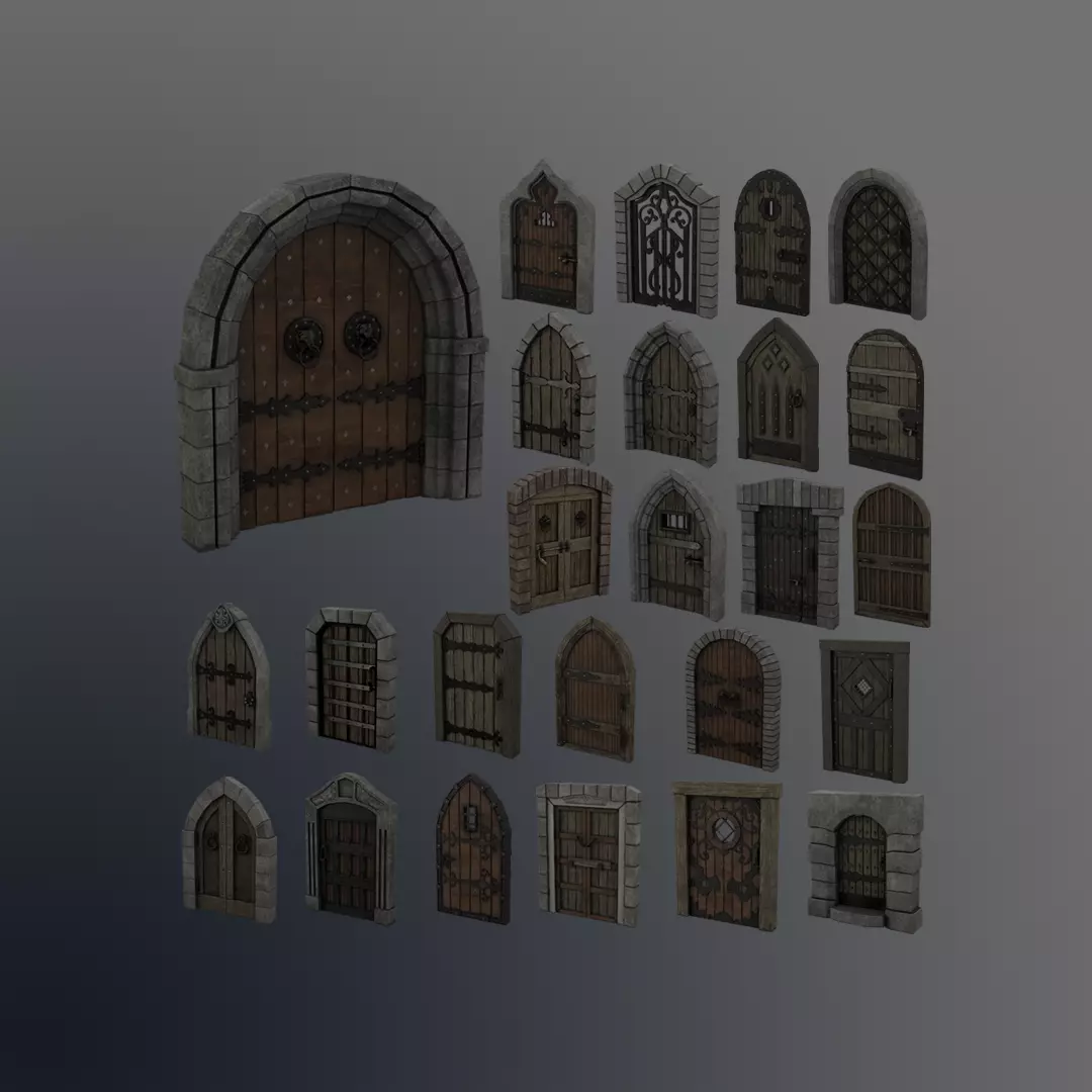 Medieval Door Pack 25 X Unique Doors Low-poly 3D model_0