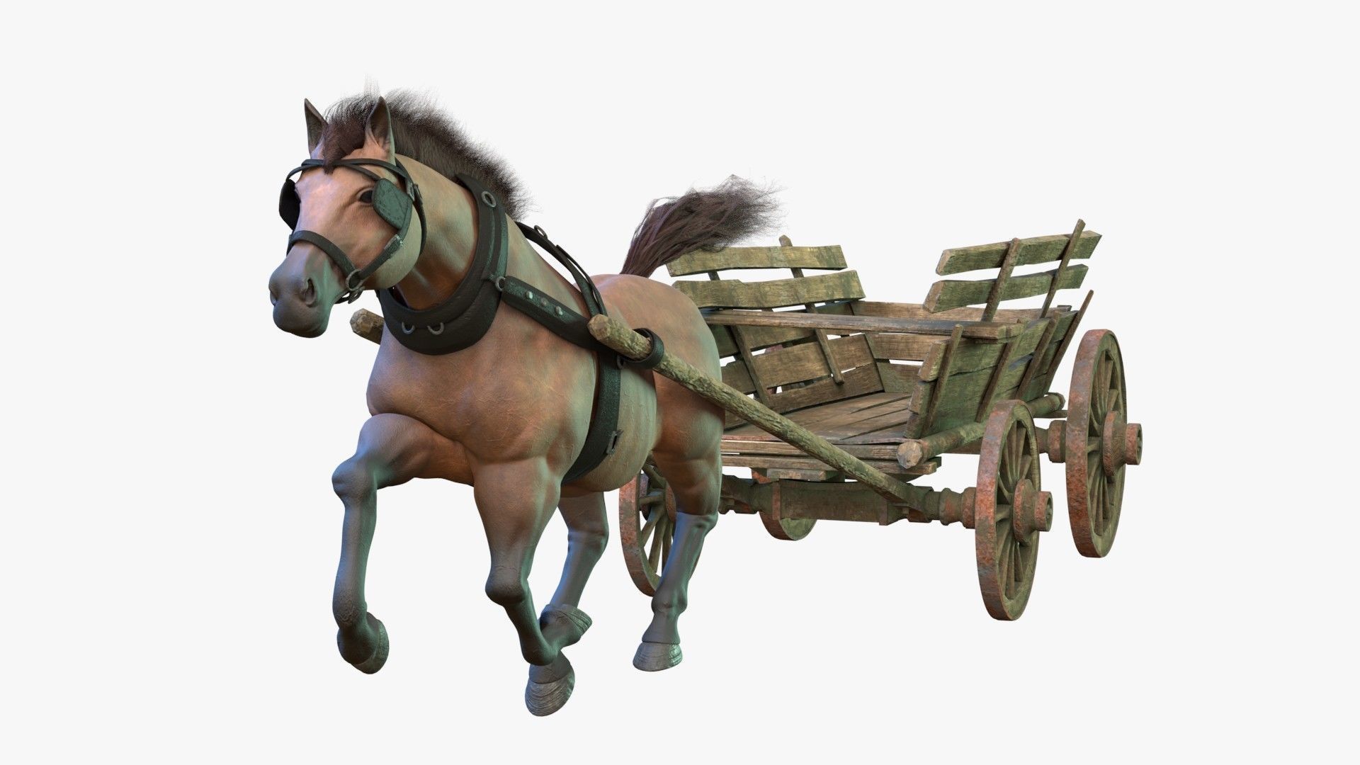 Dray with Horse Rigged Low-poly 3D model_1