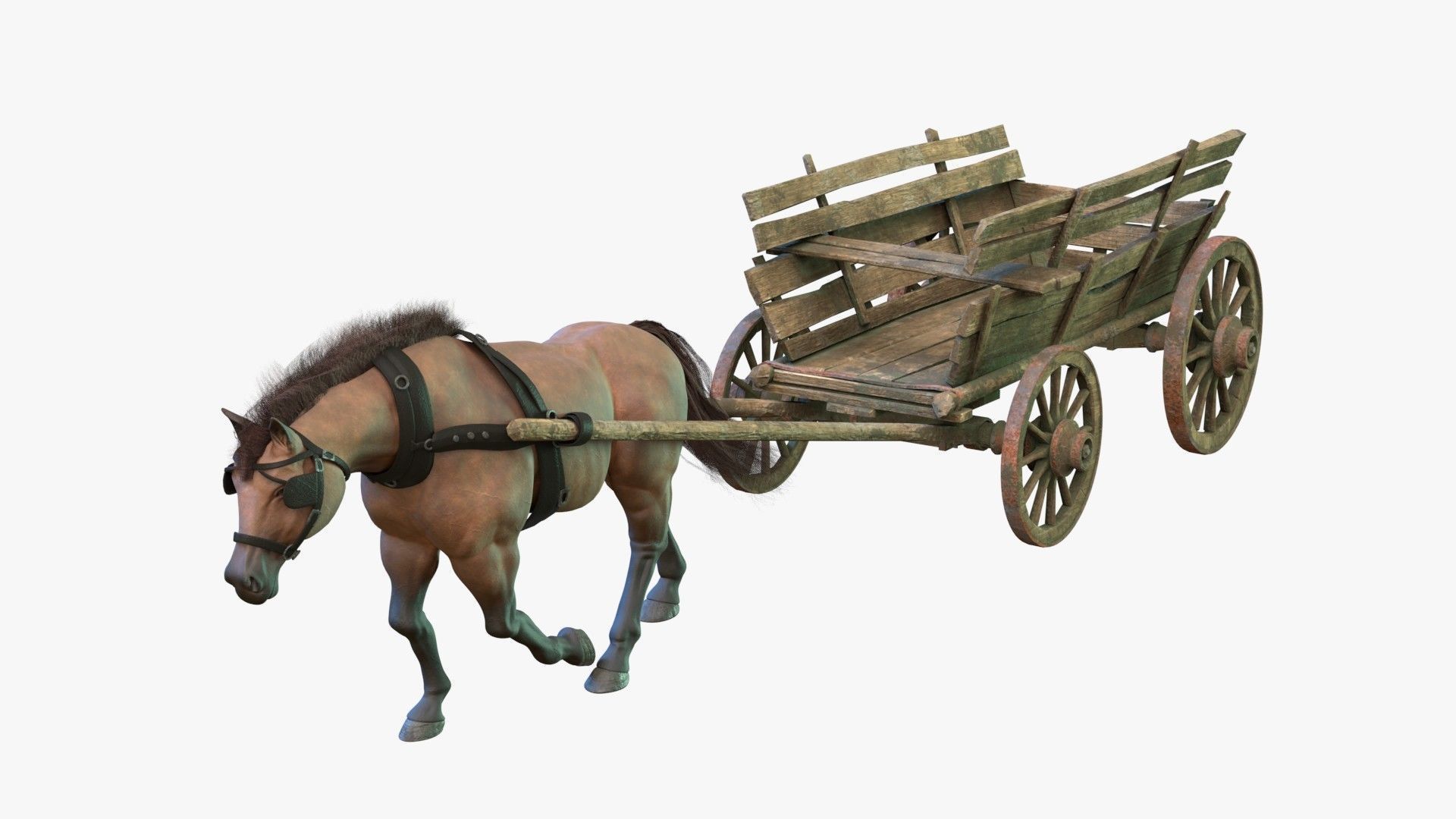 Dray with Horse Rigged Low-poly 3D model_4