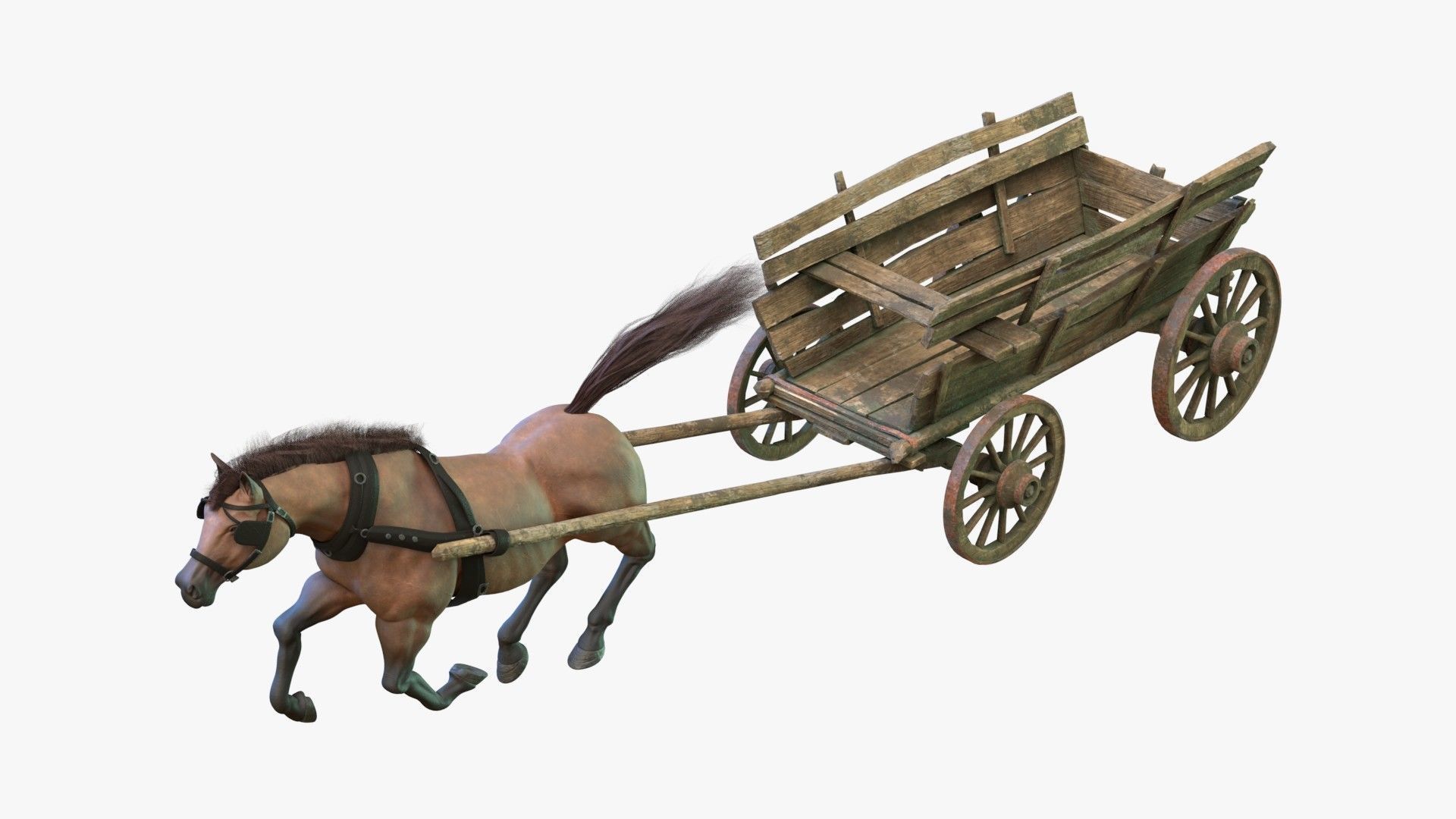Dray with Horse Rigged Low-poly 3D model_7