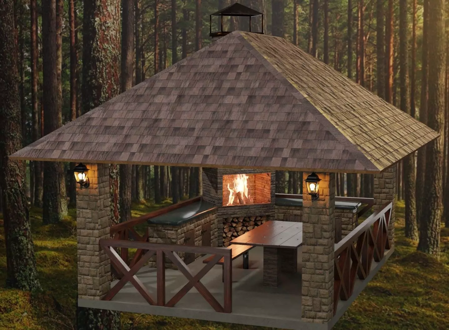 Detailed gazebo with fireplace and lighting 3D model
