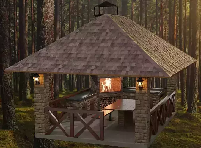 Detailed gazebo with fireplace and lighting