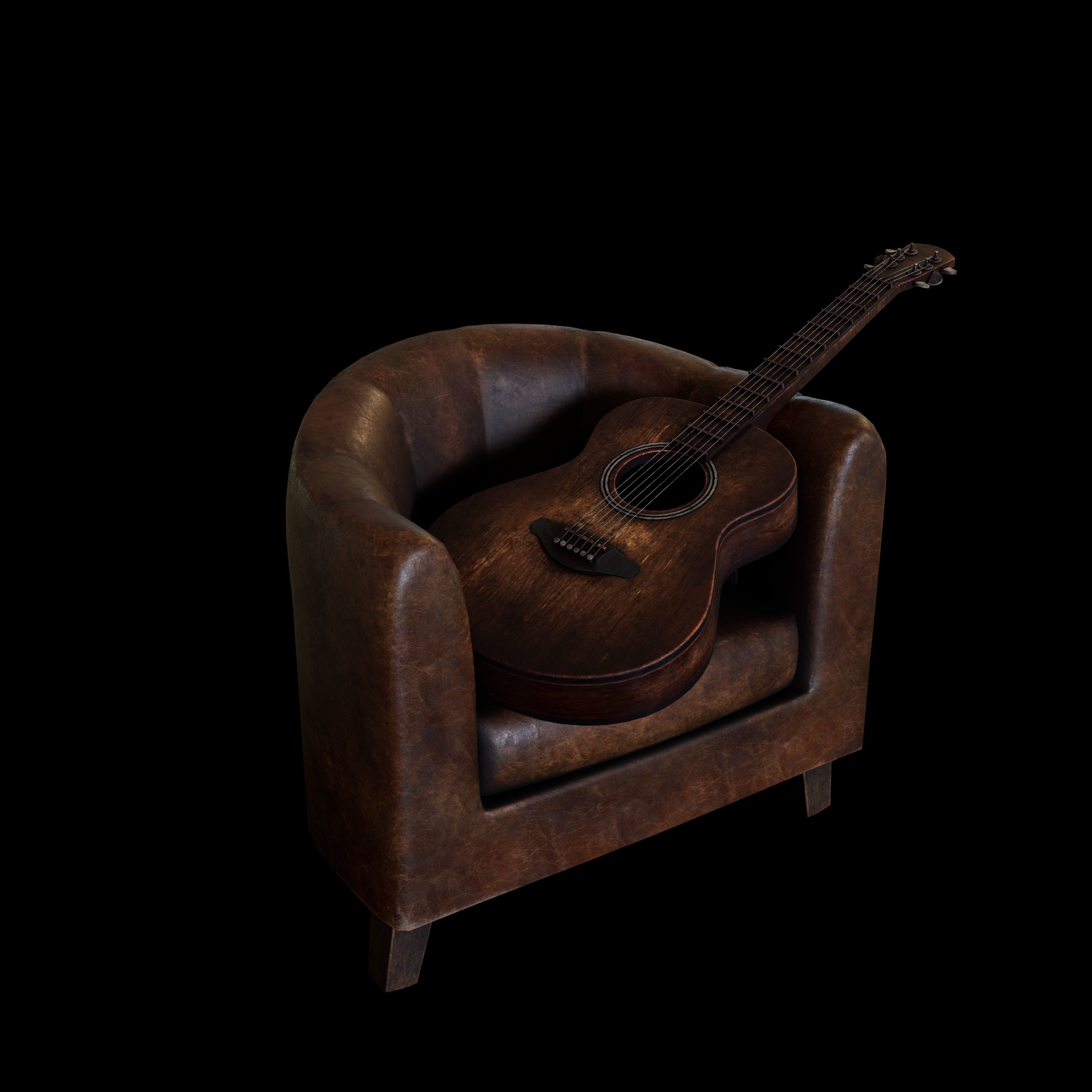 Guitar and chair Textured Model 3D model_1