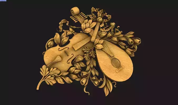 3d model golden violin with flowers and leaves