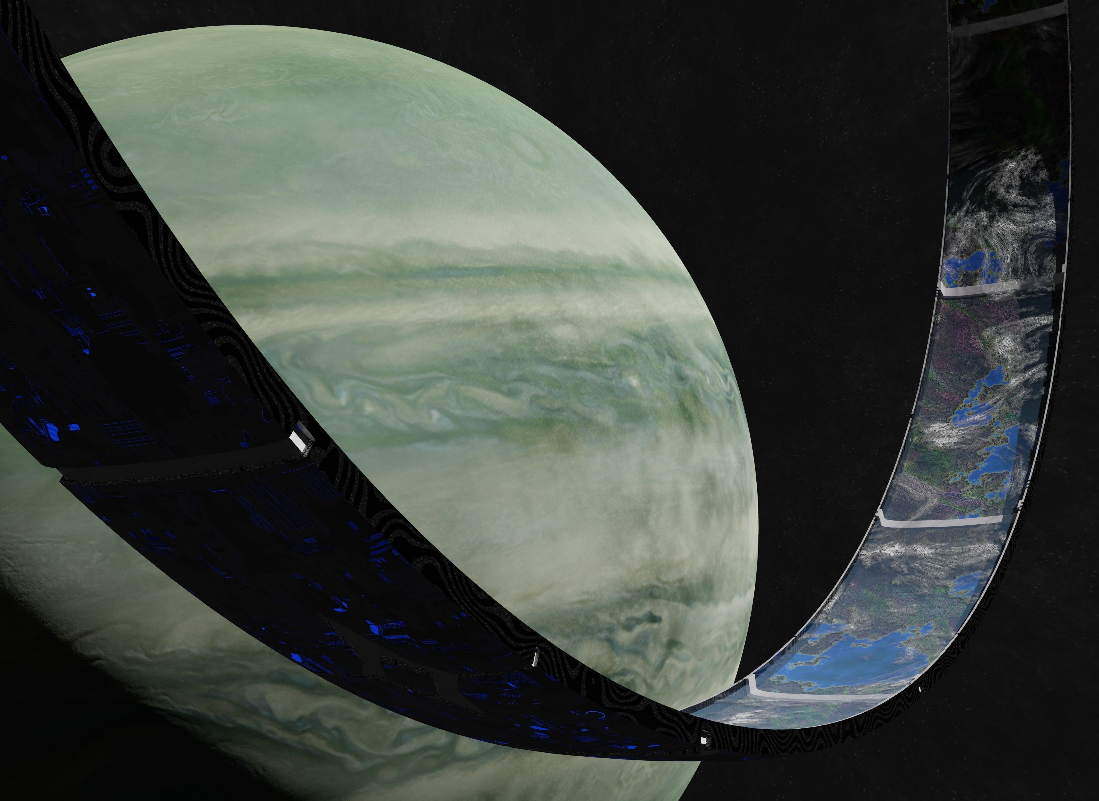 White rotating space habitat with green gas giant 3D Model Collection_3