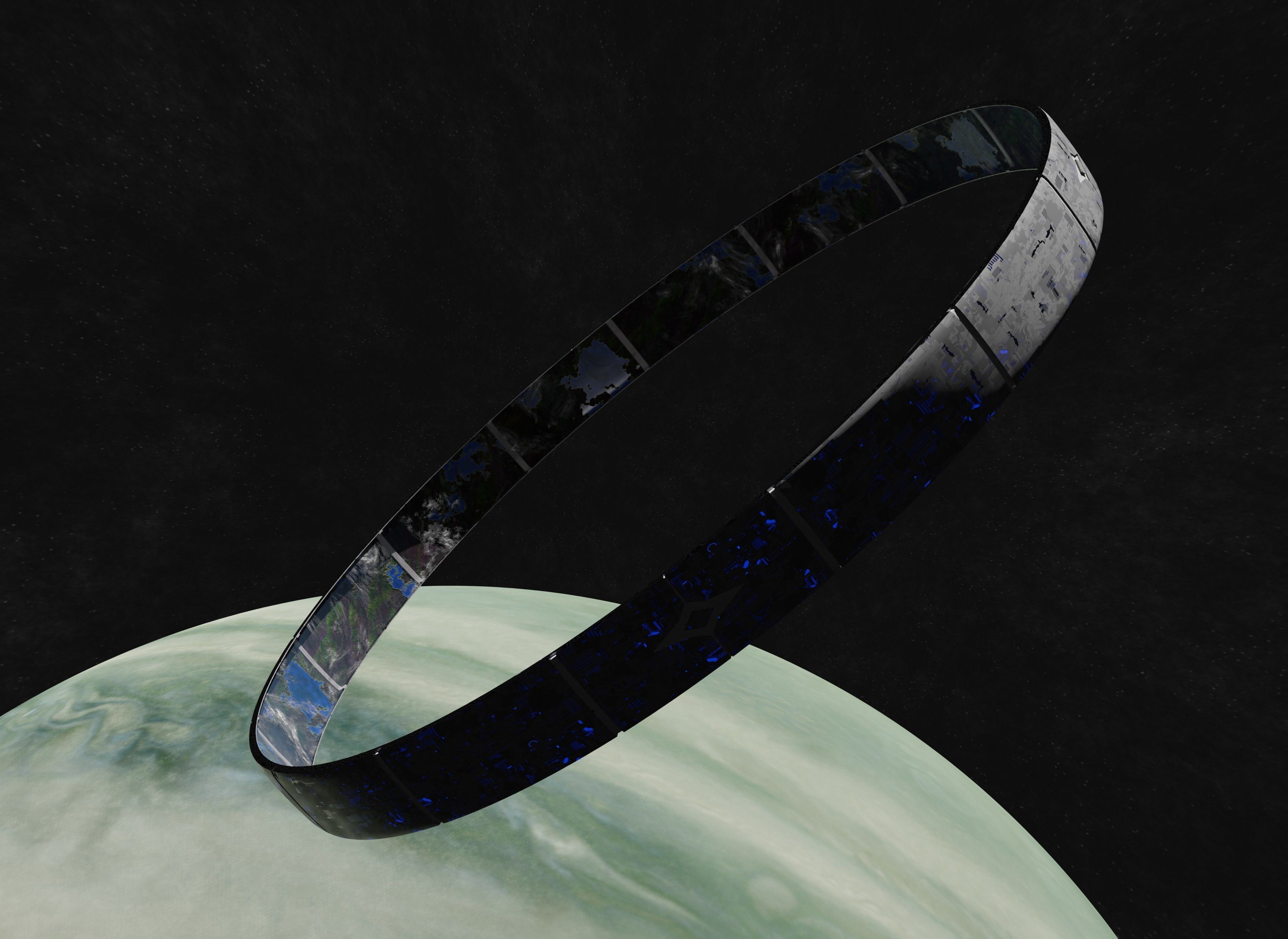White rotating space habitat with green gas giant 3D Model Collection_8