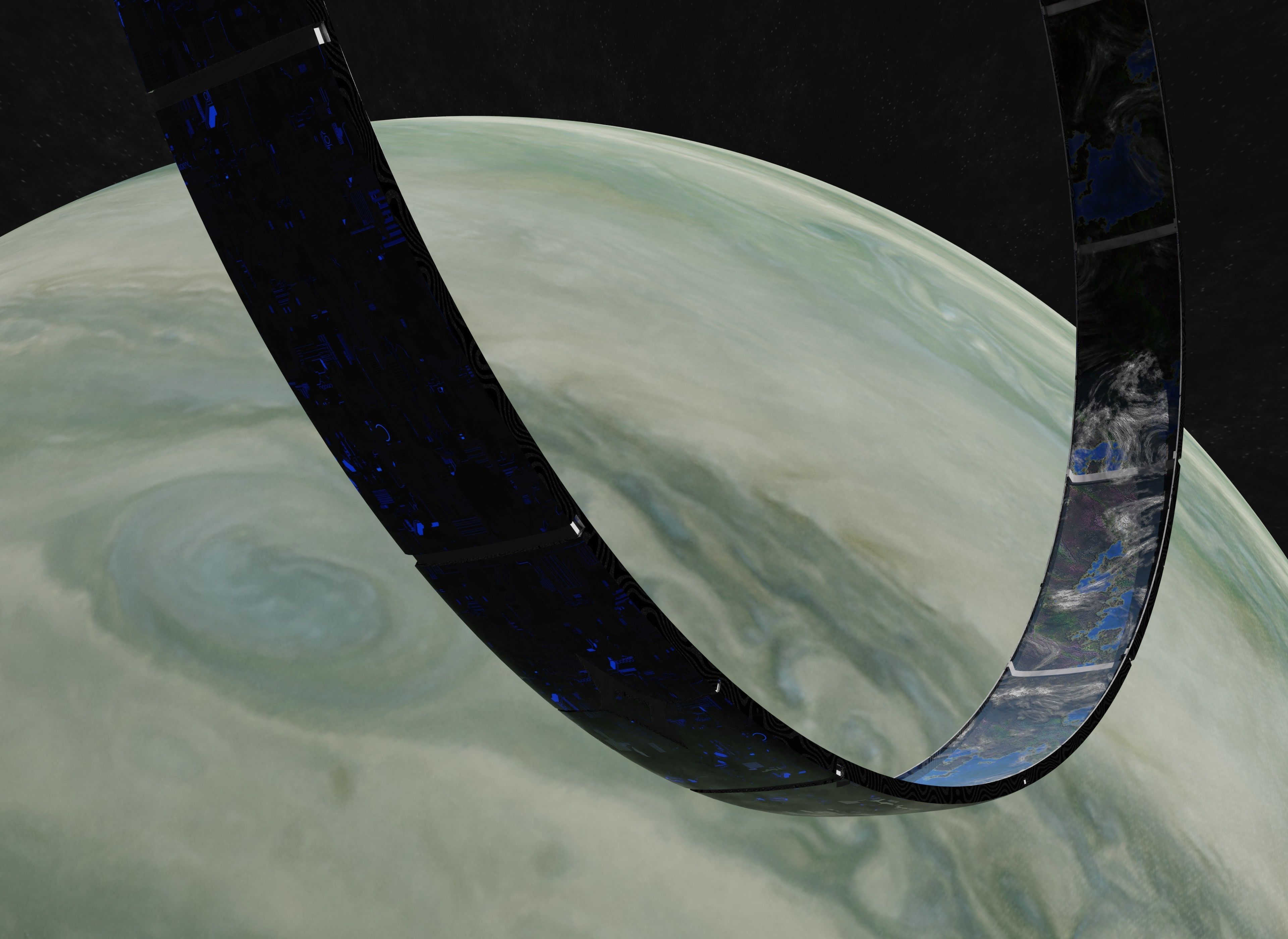 White rotating space habitat with green gas giant 3D Model Collection_10