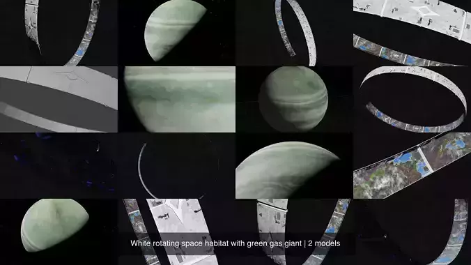 White rotating space habitat with green gas giant