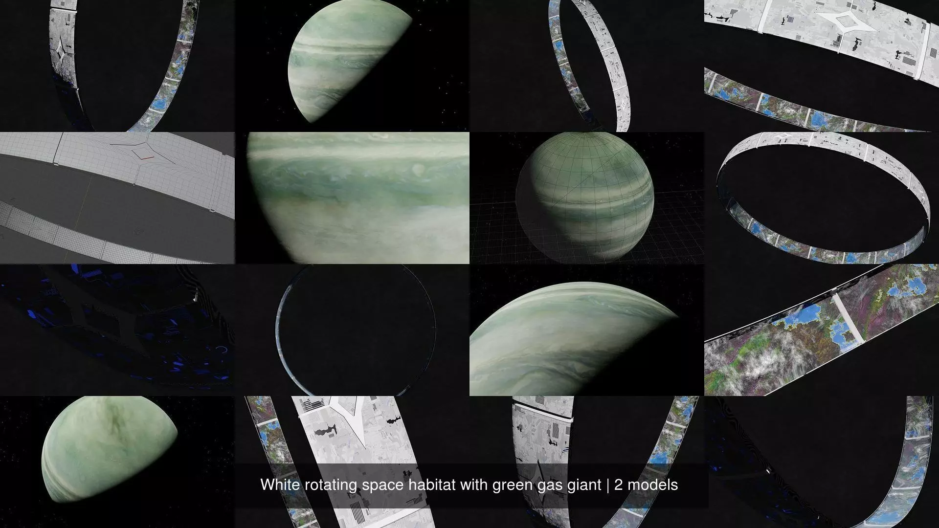 White rotating space habitat with green gas giant 3D Model Collection_1