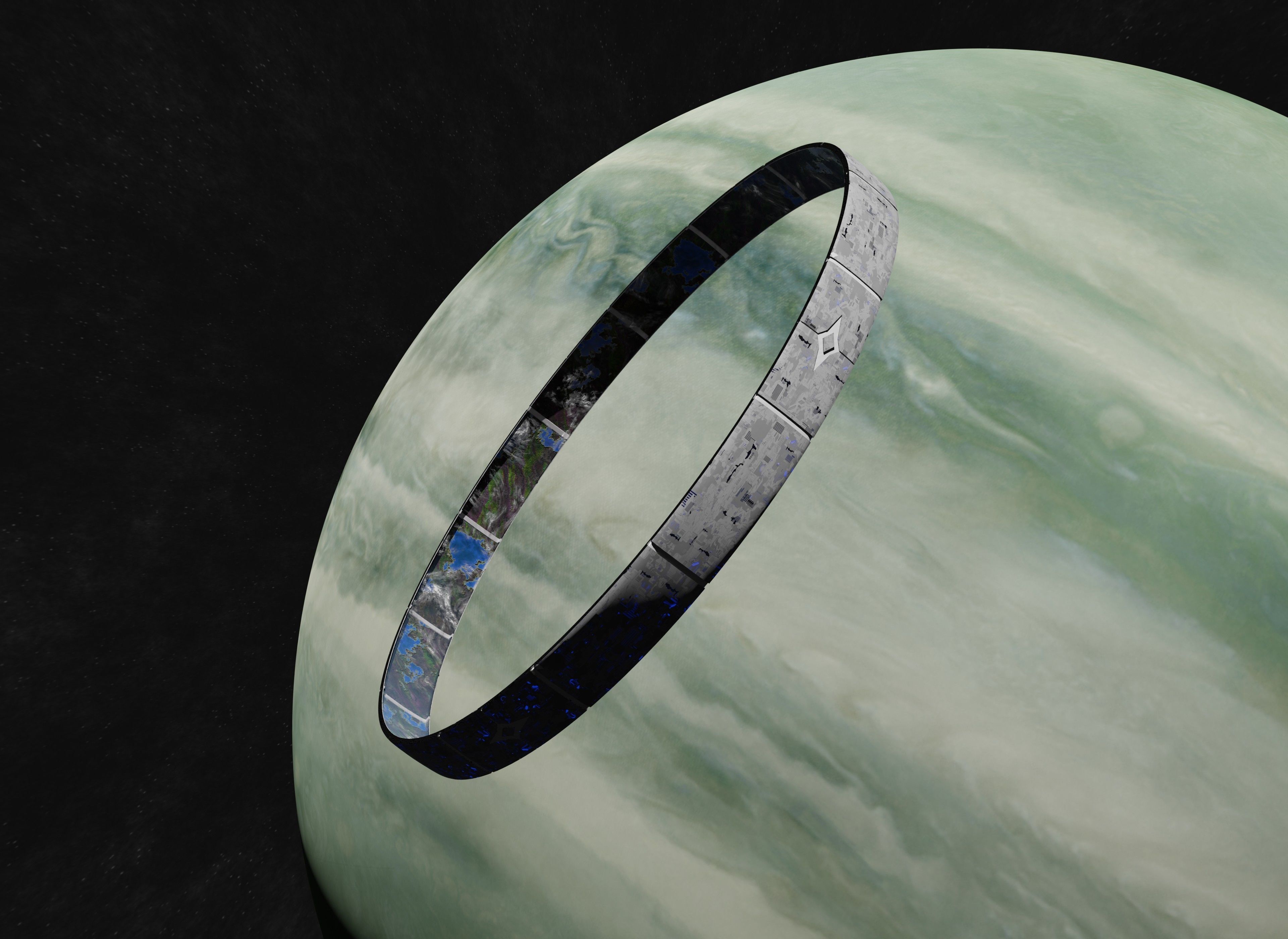 White rotating space habitat with green gas giant 3D Model Collection_9