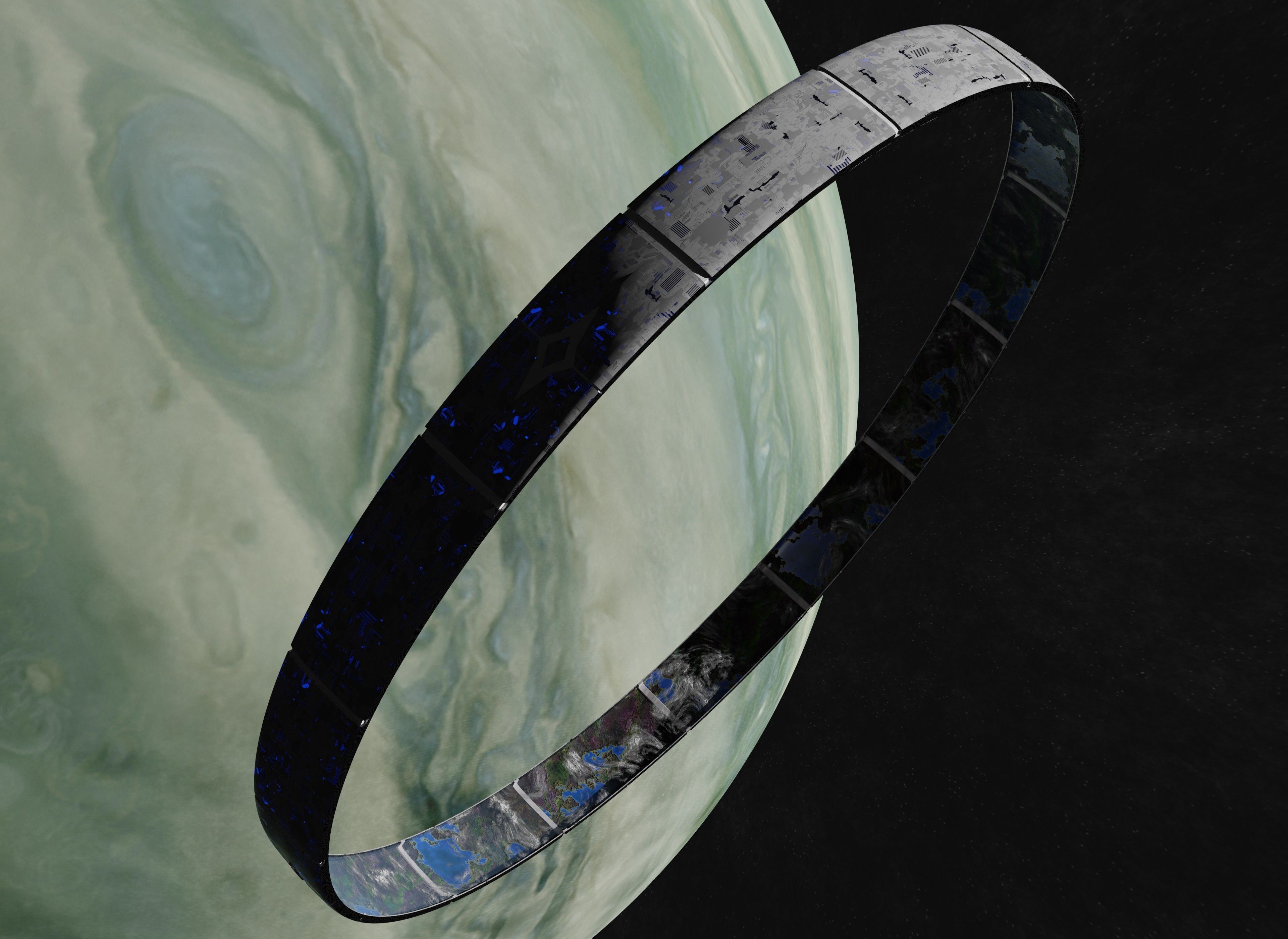 White rotating space habitat with green gas giant 3D Model Collection_6