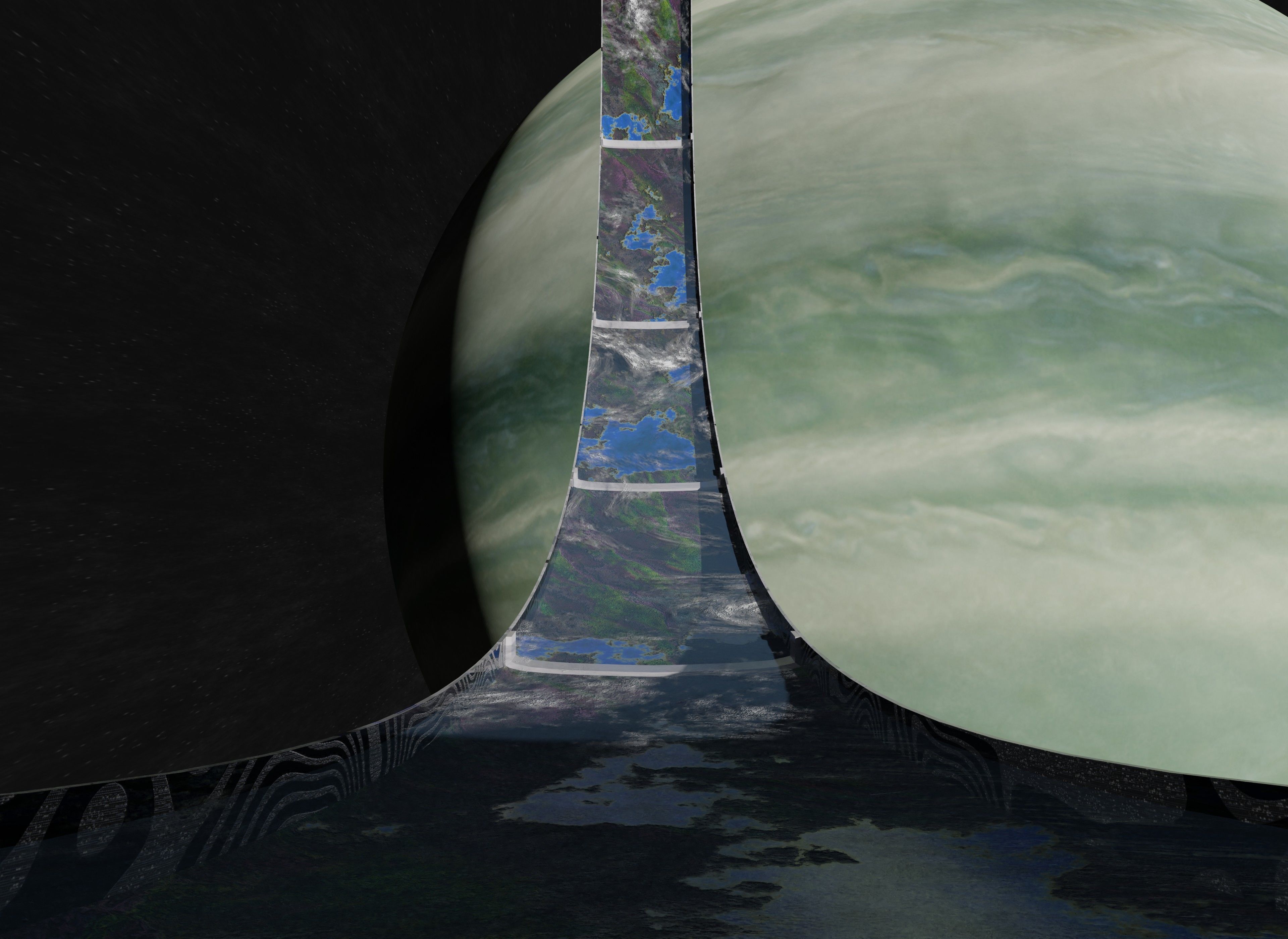 White rotating space habitat with green gas giant 3D Model Collection_2