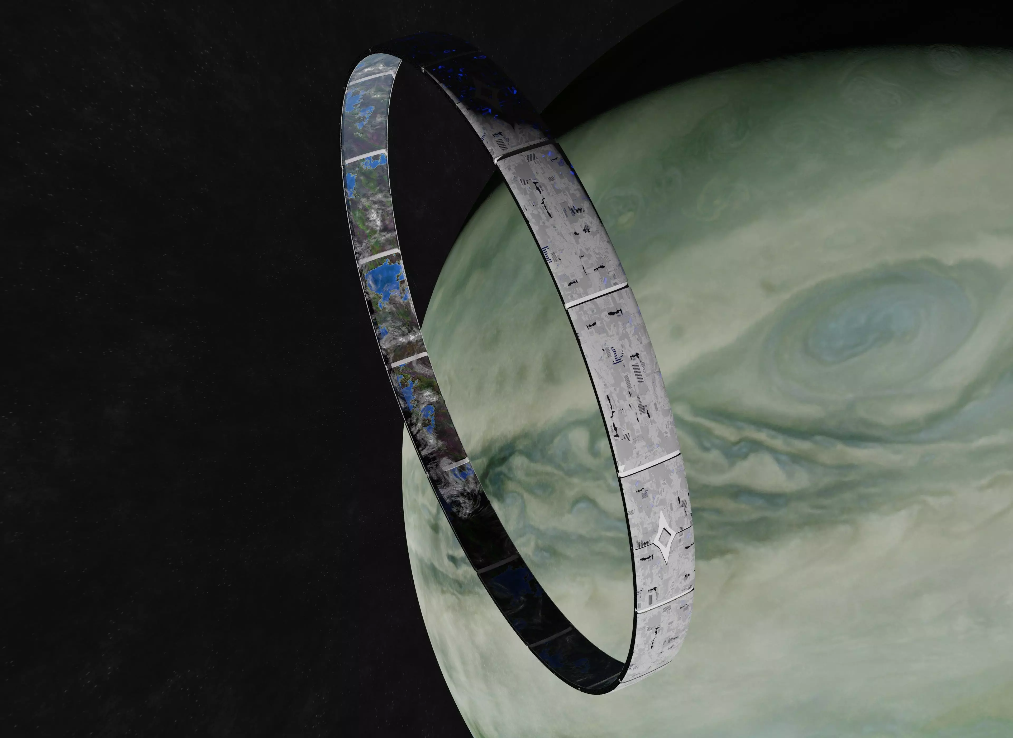 White rotating space habitat with green gas giant 3D Model Collection_0