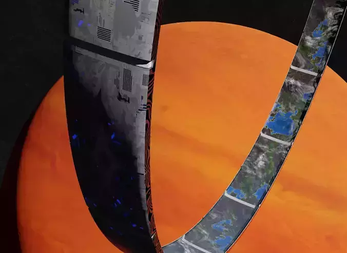 White rotating space habitat with red gas giant 3D Model Collection
