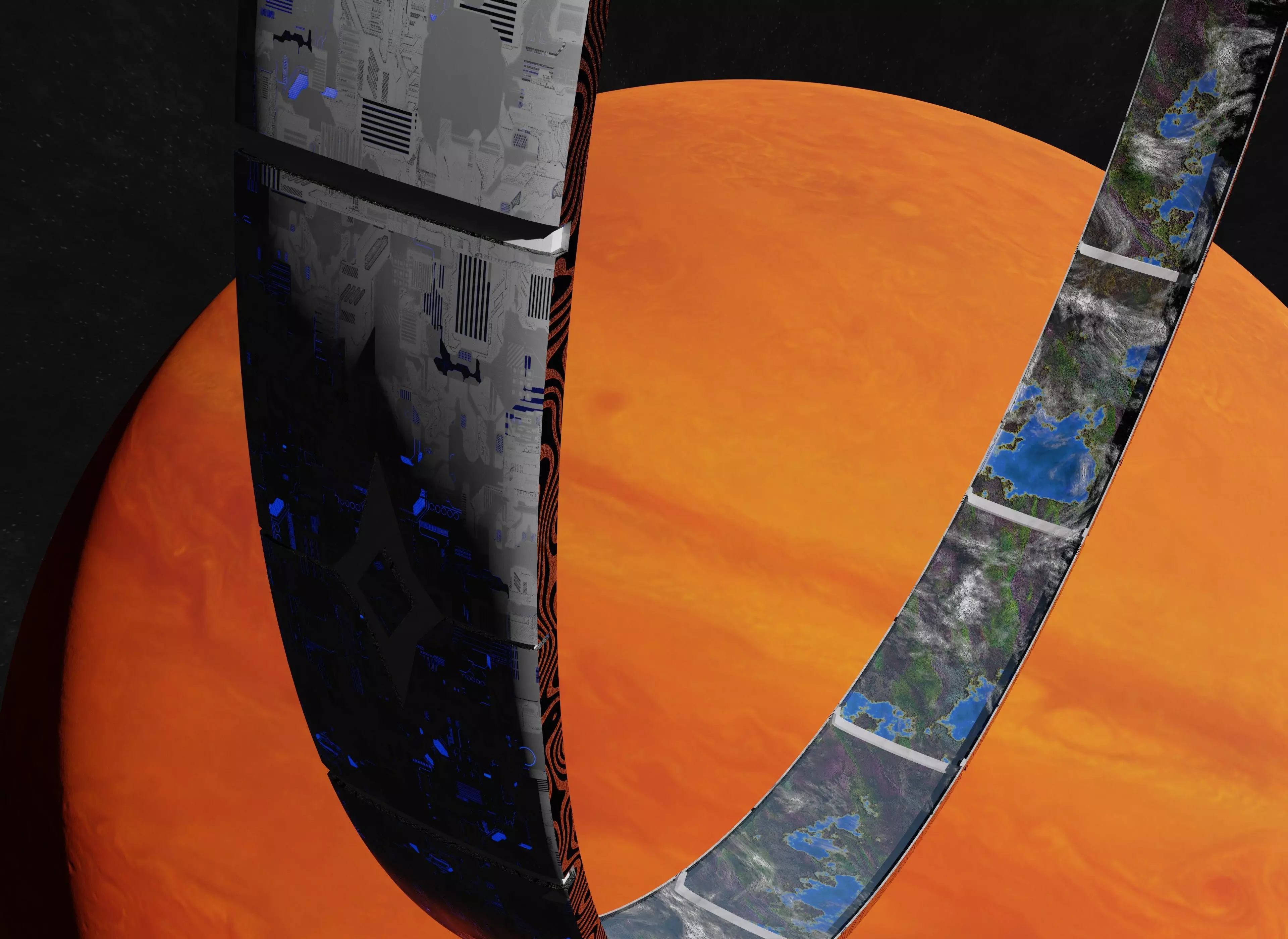 White rotating space habitat with red gas giant 3D Model Collection_0