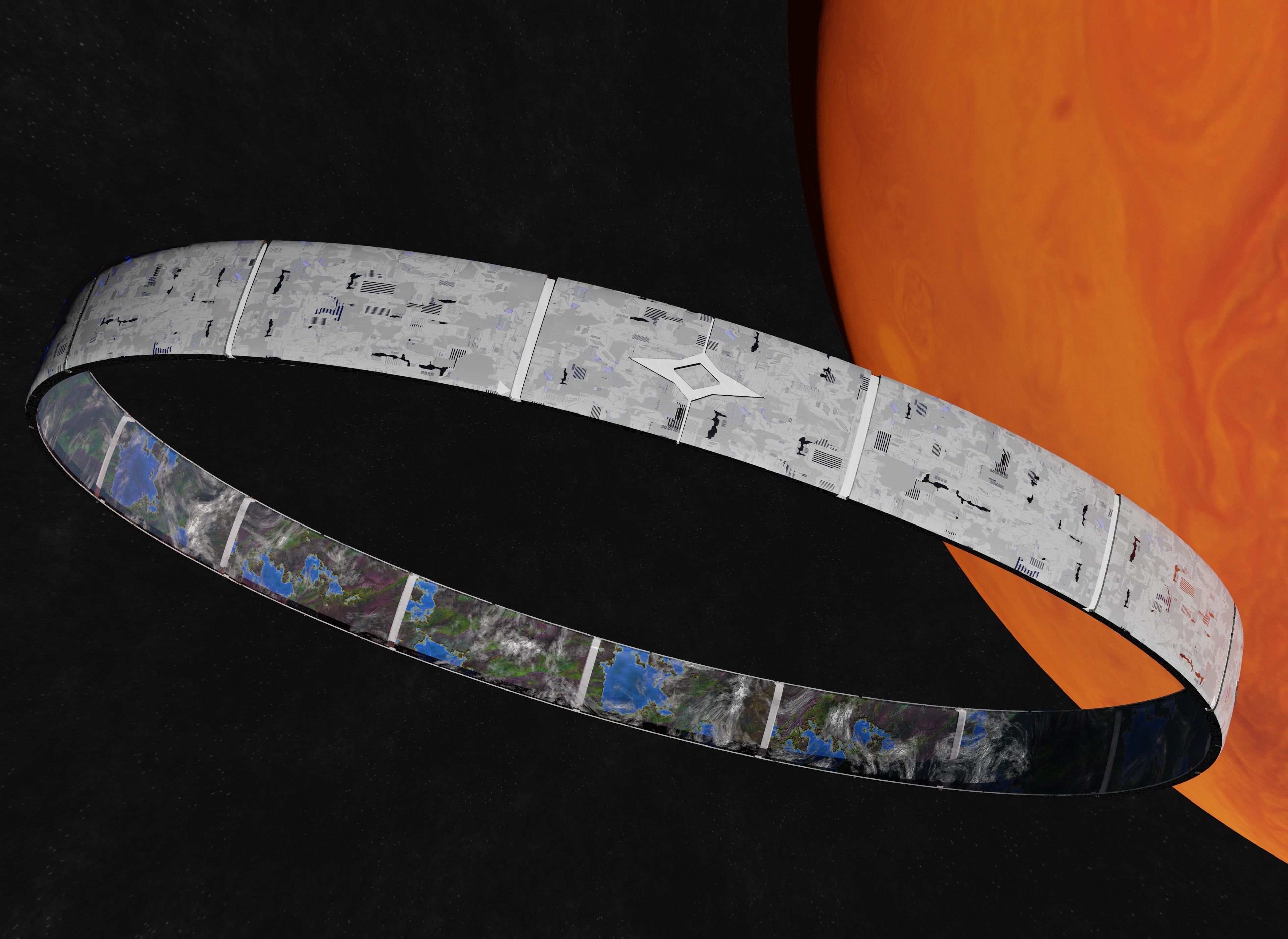 White rotating space habitat with red gas giant 3D Model Collection_6