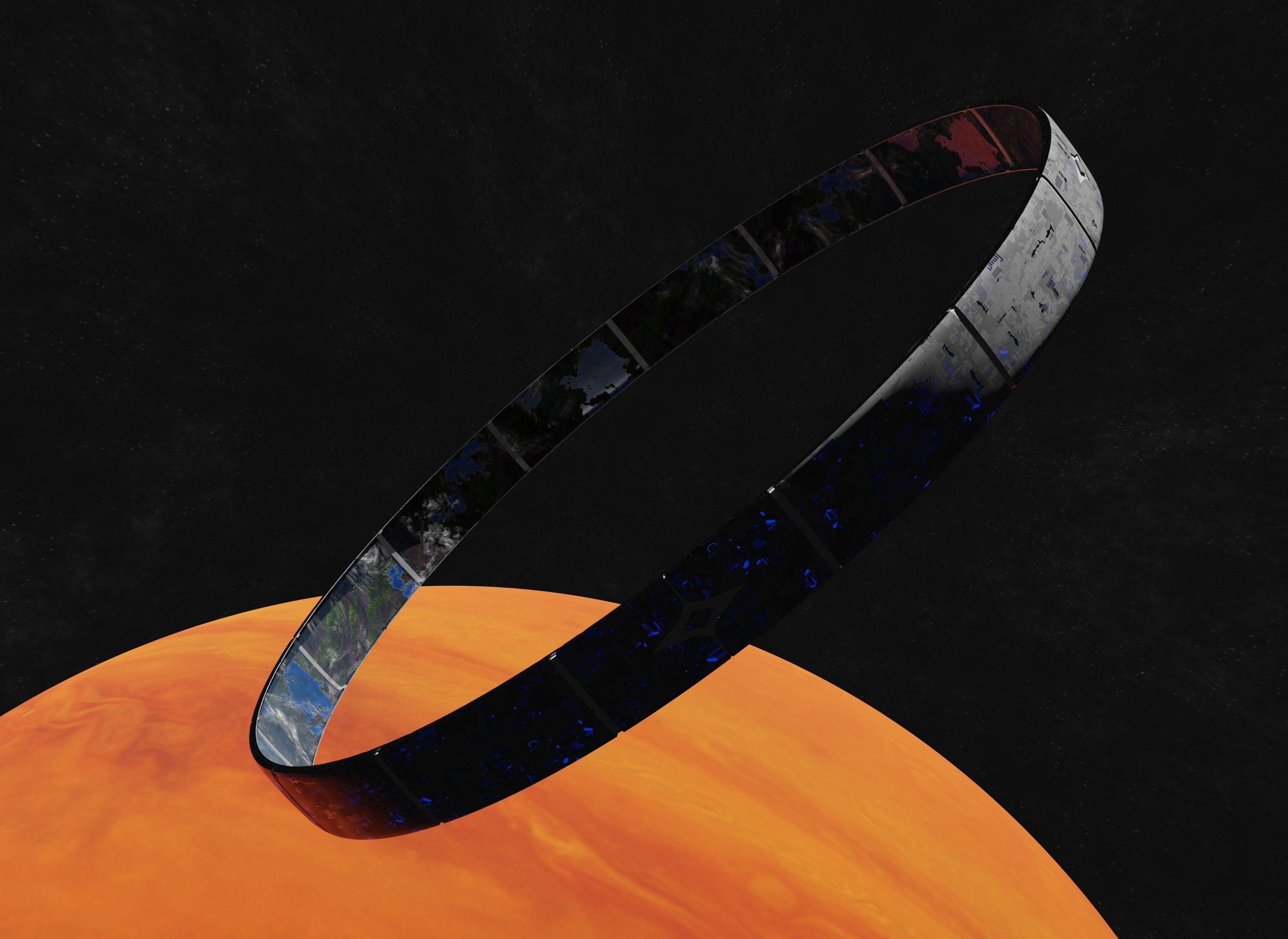 White rotating space habitat with red gas giant 3D Model Collection_9