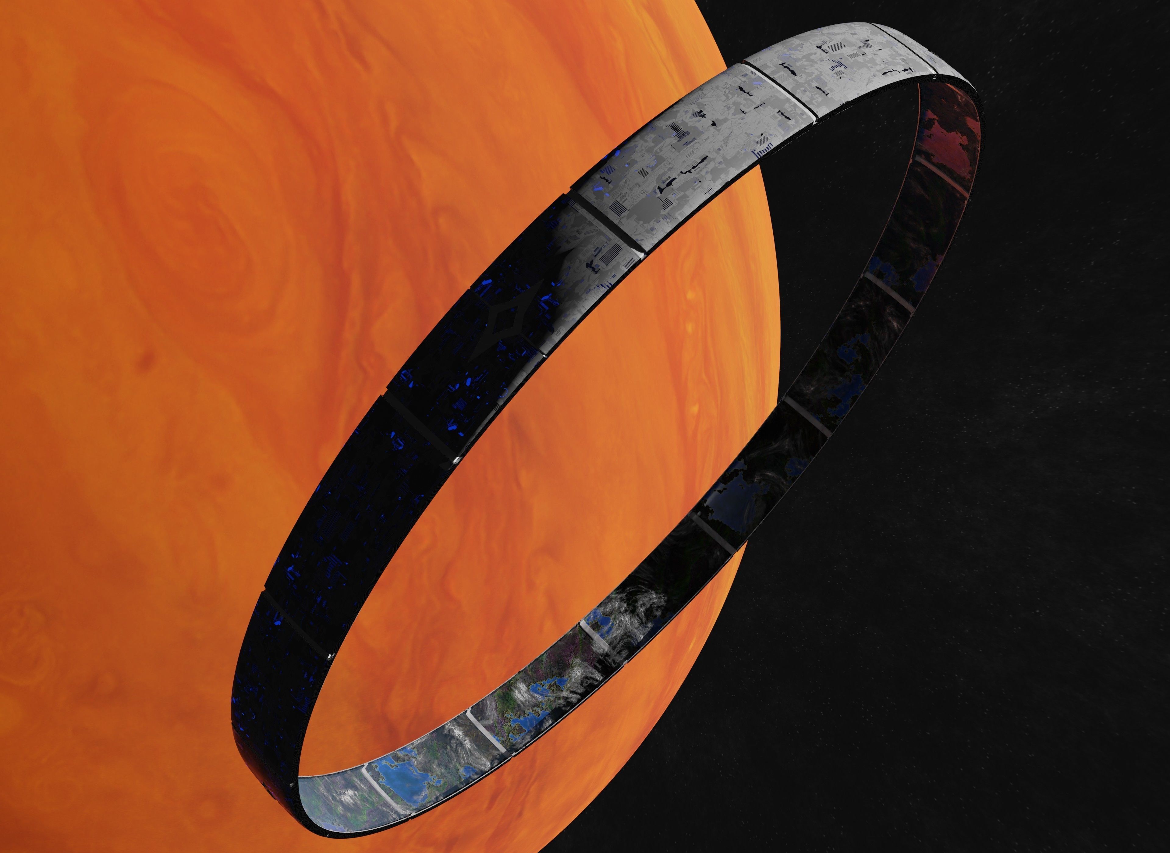 White rotating space habitat with red gas giant 3D Model Collection_11