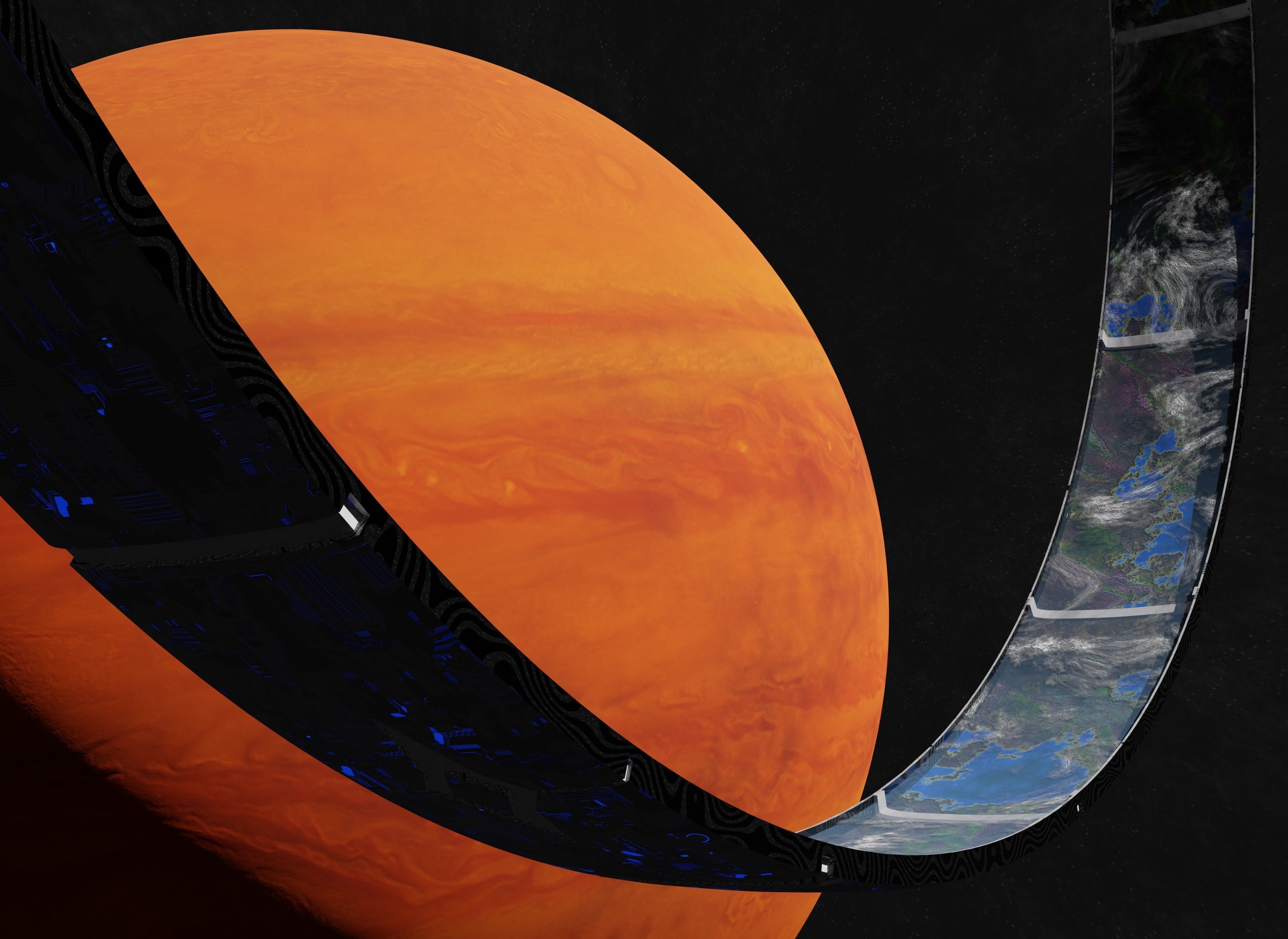 White rotating space habitat with red gas giant 3D Model Collection_10