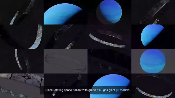 Black rotating space habitat with green bleu gas giant