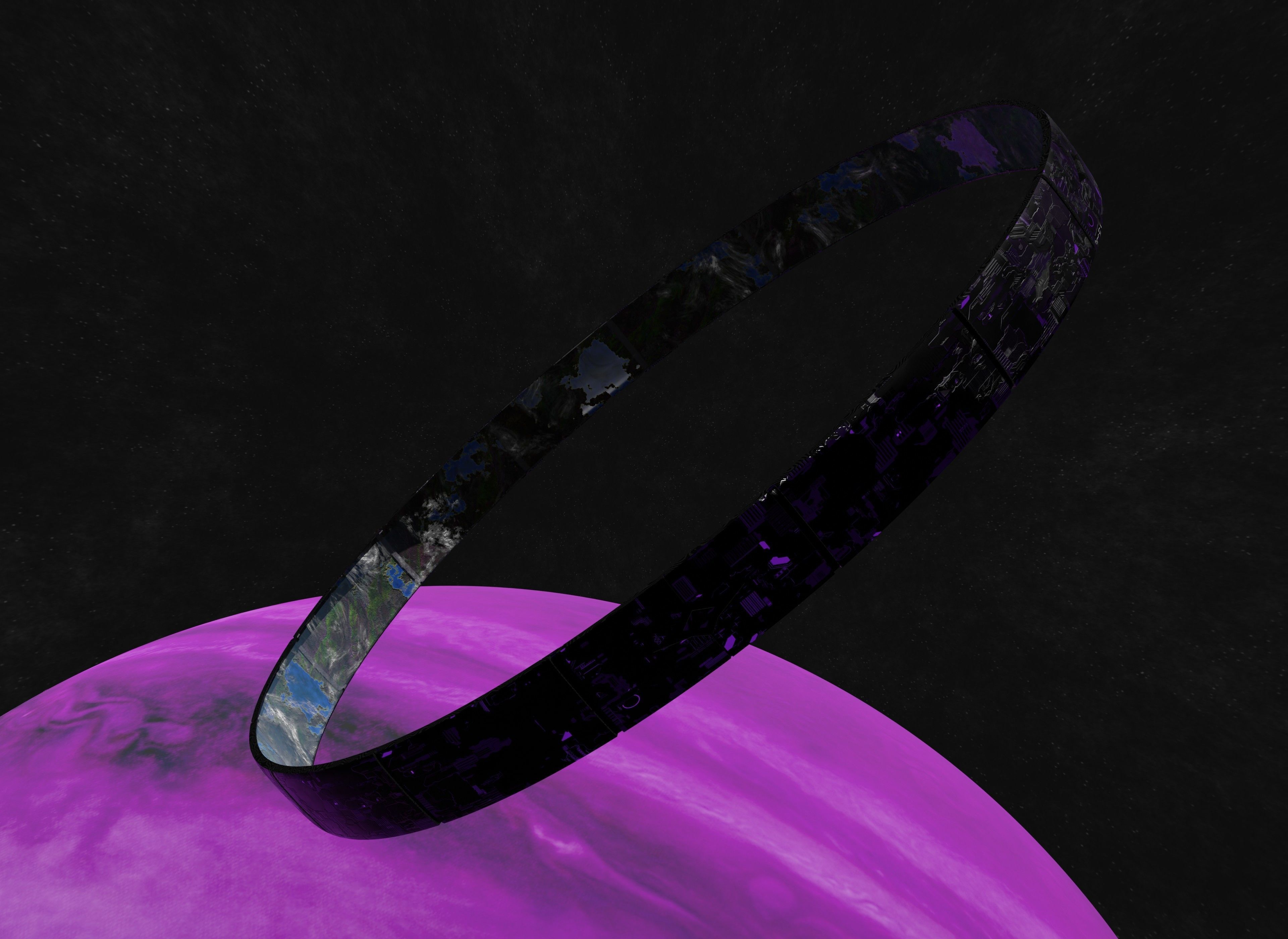 Black rotating space habitat with green purple gas giant 3D Model Collection_11