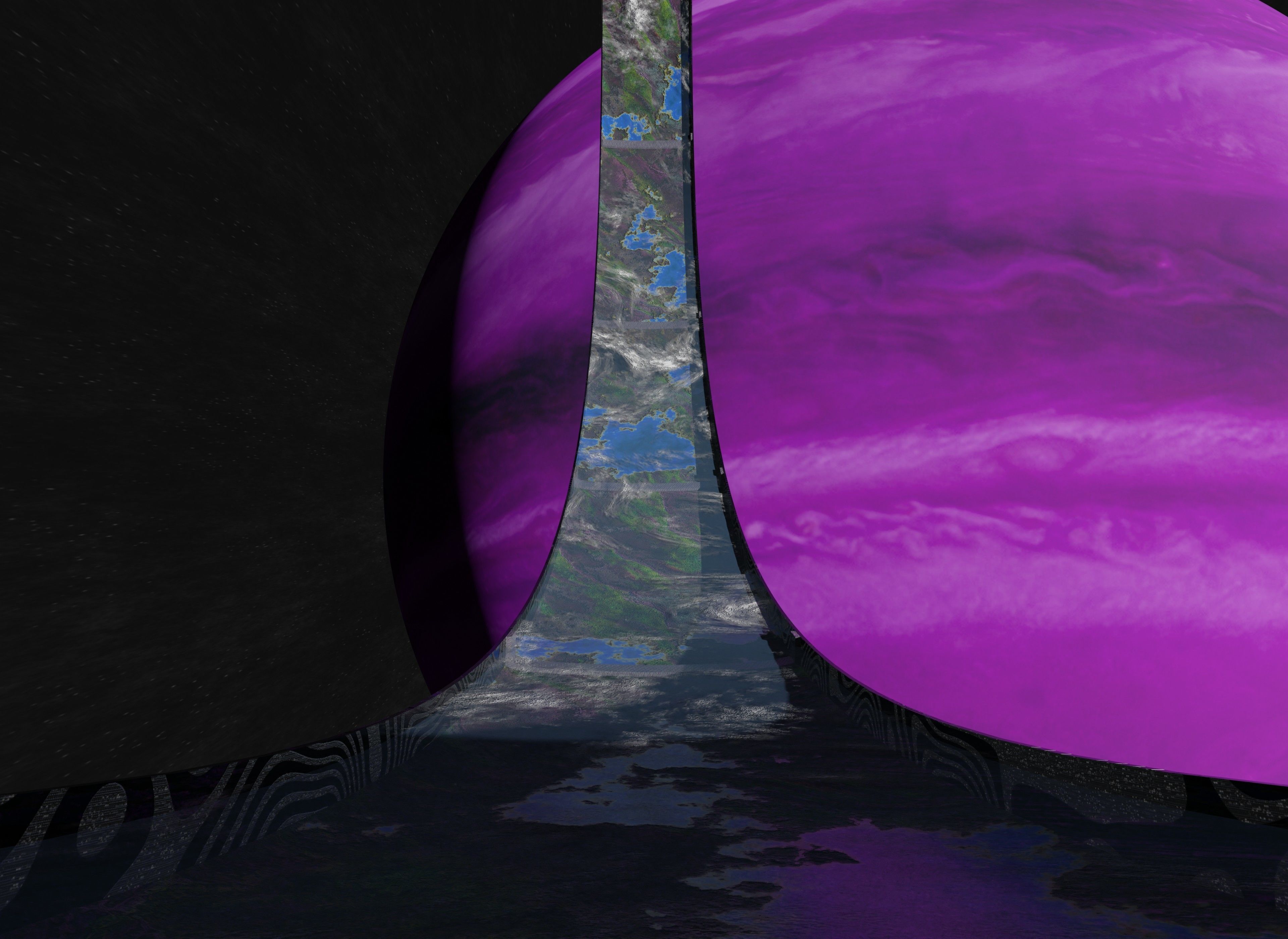 Black rotating space habitat with green purple gas giant 3D Model Collection_1