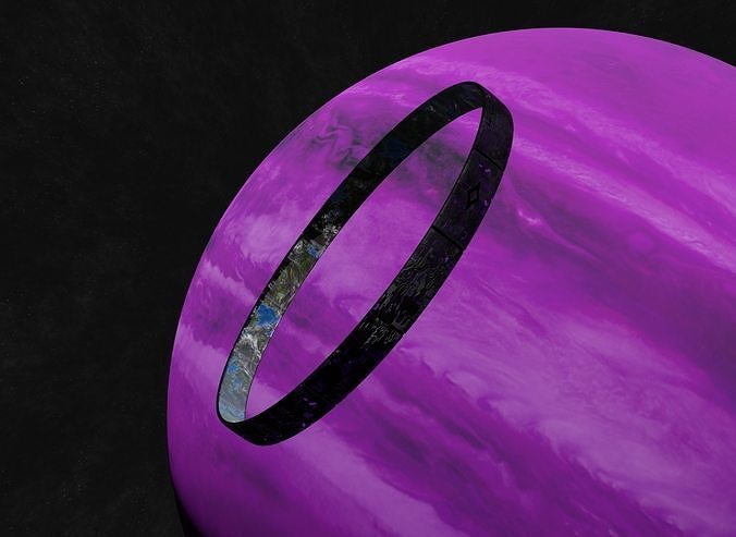  Black rotating space habitat with green purple gas giant 3D Model Collection