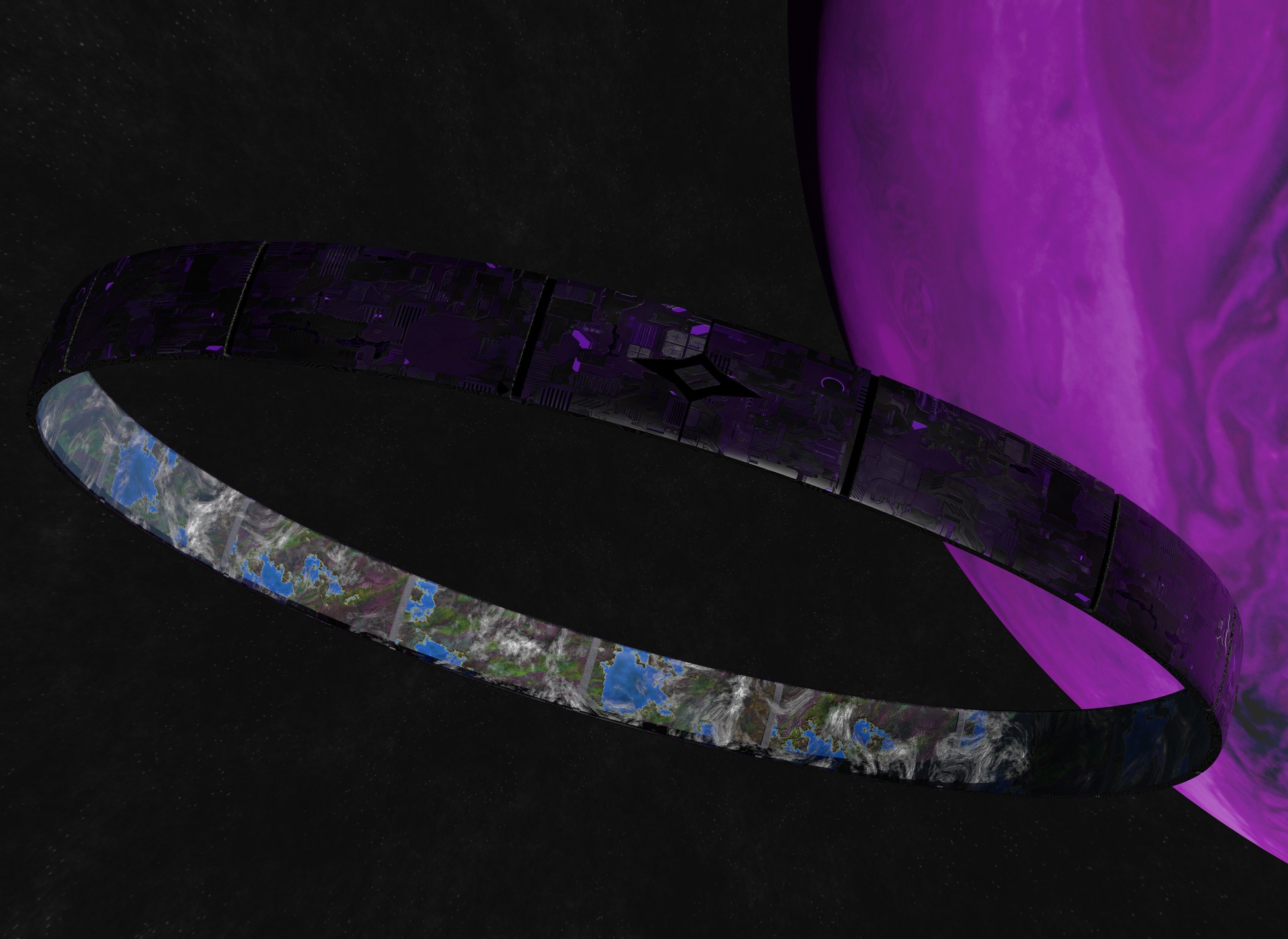 Black rotating space habitat with green purple gas giant 3D Model Collection_3