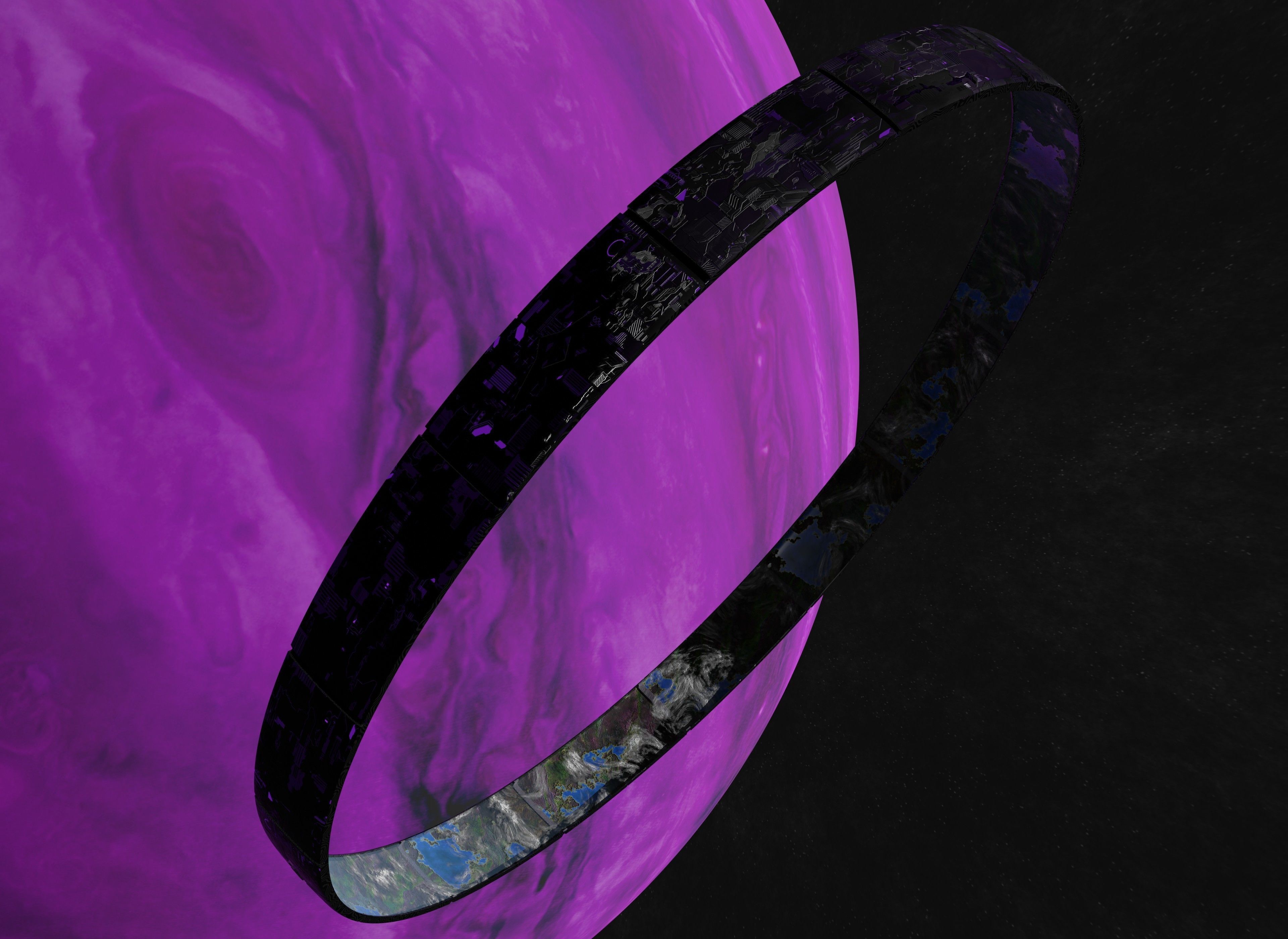 Black rotating space habitat with green purple gas giant 3D Model Collection_8