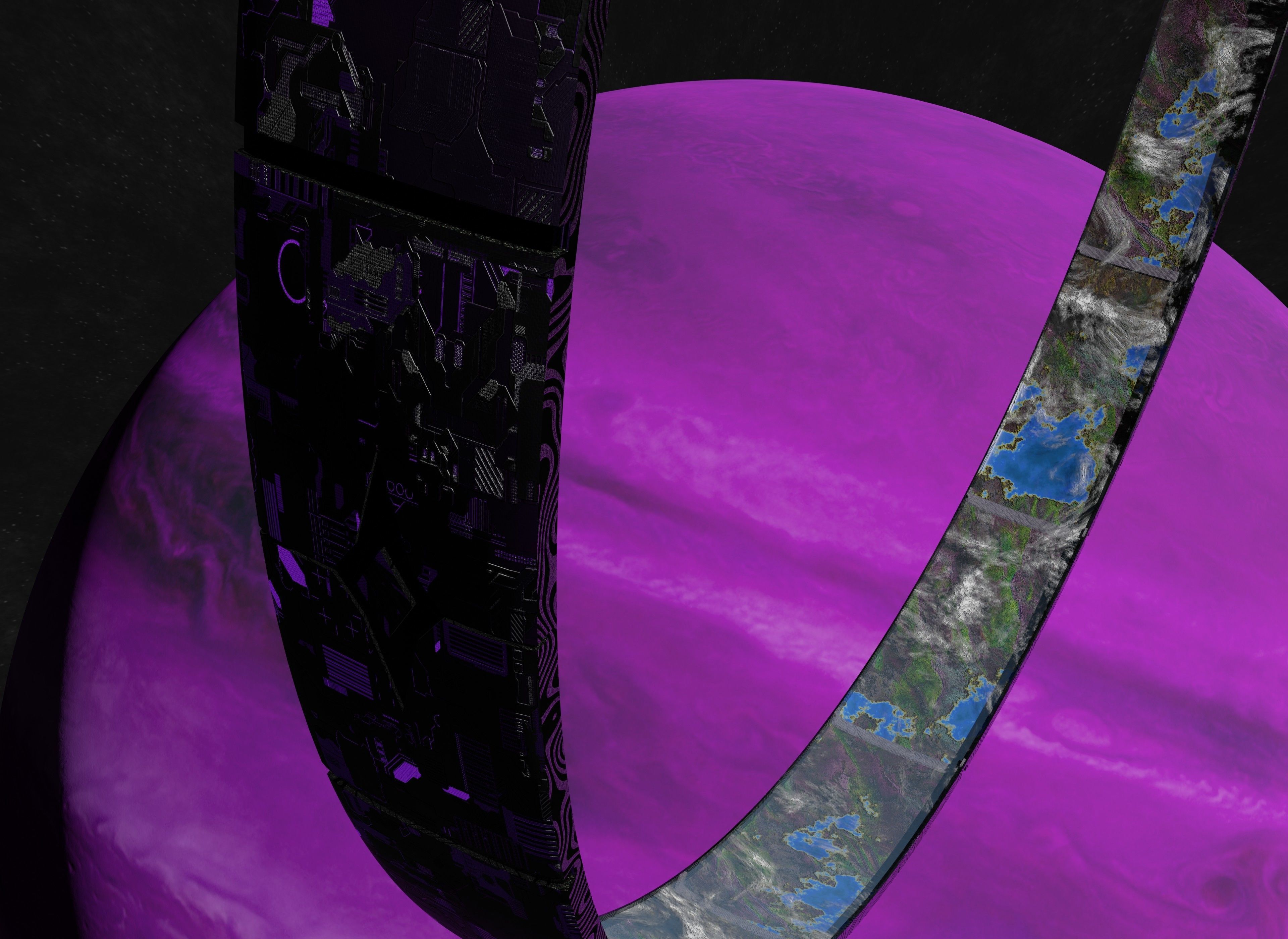 Black rotating space habitat with green purple gas giant 3D Model Collection_9
