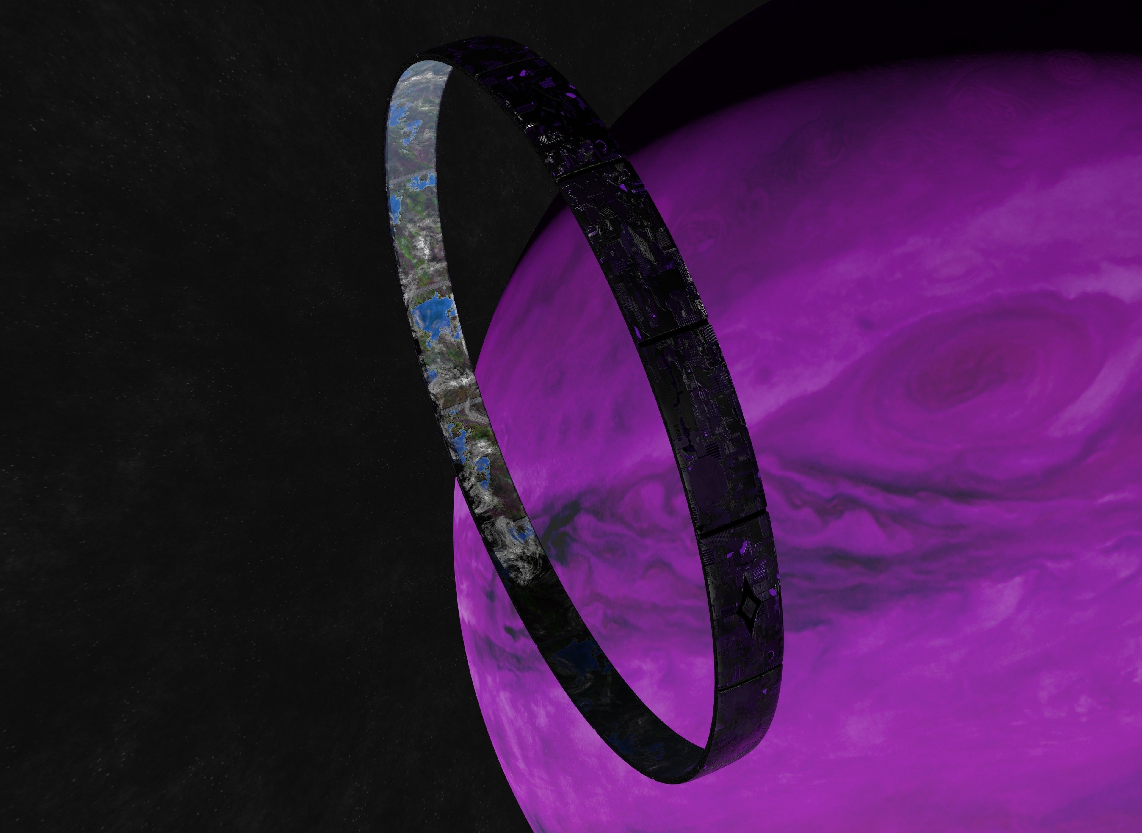 Black rotating space habitat with green purple gas giant 3D Model Collection_10