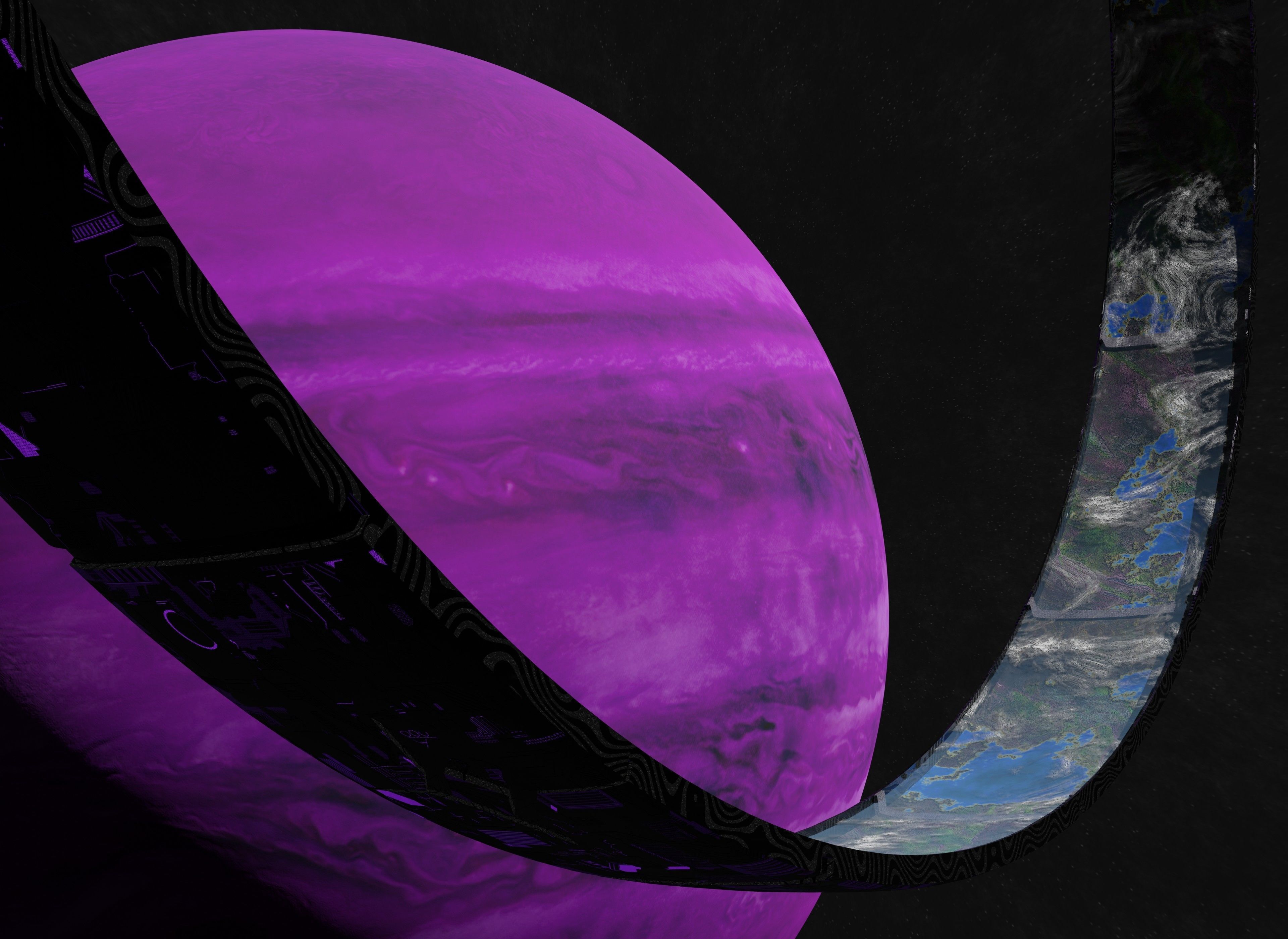 Black rotating space habitat with green purple gas giant 3D Model Collection_2